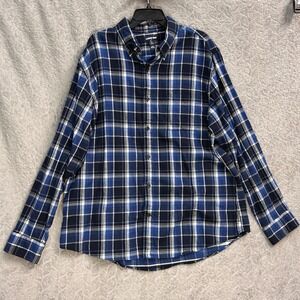 Lands' End Men's XL Flannel Shirt Blue Black Plaid Long Sleeve Button Down